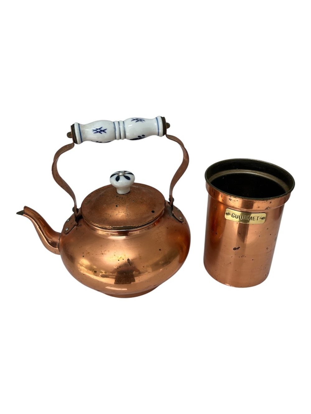 Vintage Copper Kitchen Set Tea Kettle with Ceramic Handle Utensils Cannister